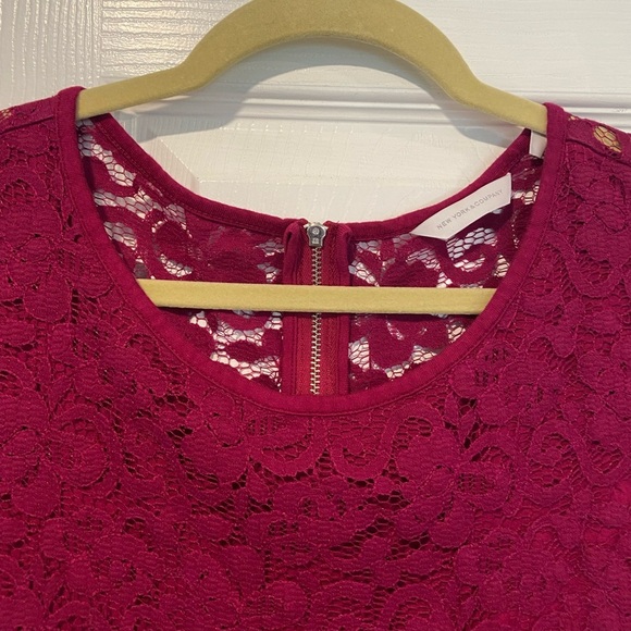 New York & Co Size M Magenta Lace Short Sleeve Stretch Zip Back Top - Picture 4 of 14